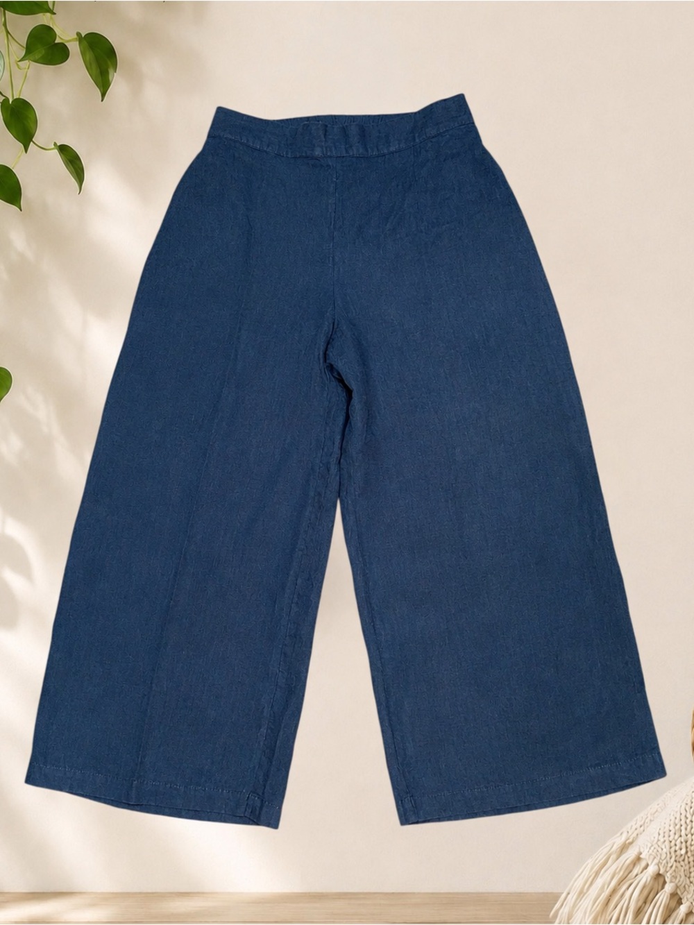 Flax 100% Linen Wide-Leg Cropped Pants -Blue-Small-NWOT